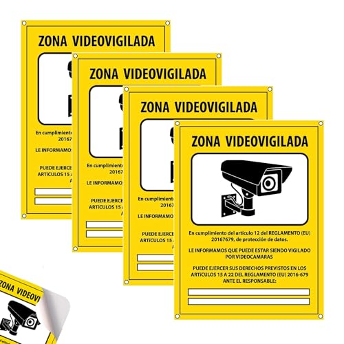 Carteles Cámara de Vigilancia Pack 4 – Zona Videovigilada Homologados PVC 20x15 cm – Placas Seguridad Interior Exterior Autoadhesivas