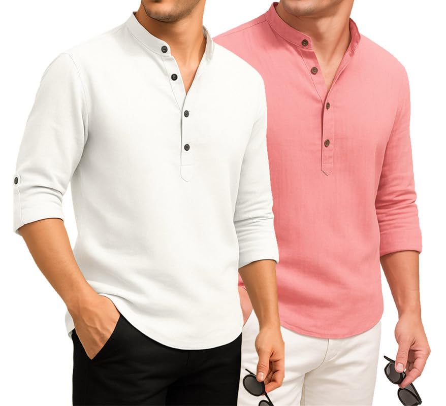 Image of DEELMO Combo of Men's Cotton Blend Solid Regular Fit Full Sleeve Short Kurta | Men's Trendy Short Kurta Pack of 2