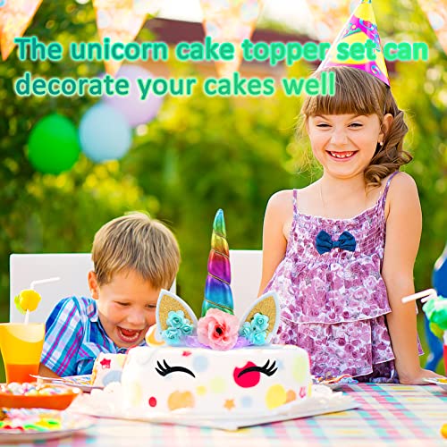 Unicorn Cake Topper Handmade Rainbow Horn Unicorn Cake Topper Unicorn Happy Birthday Party Decoration Supplies Magic Reusable Cake Topper With Eyelashes And Stack For Girls Kid Women, 5.8 Inch #TOP5