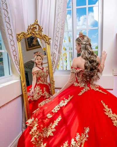 Mauuwy Quinceanera Dresses Long Train Glitter Off Shoulder Tiered XV Dresses Tulle Sweet 16 Dresses Ball Gown with Tassels3