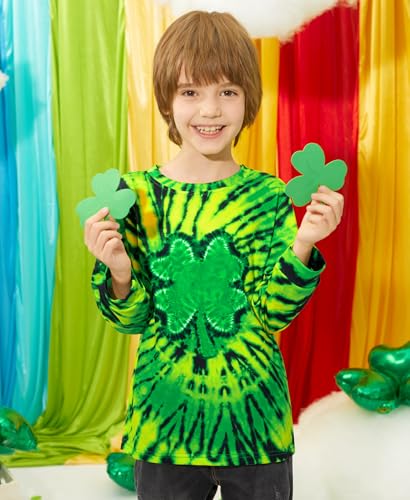 Image of Unisex Kids St. Patrick's Tie Dye Irish Clover Long Sleeve Shirt Shamrock Green Sweatshirt 6-14 Years