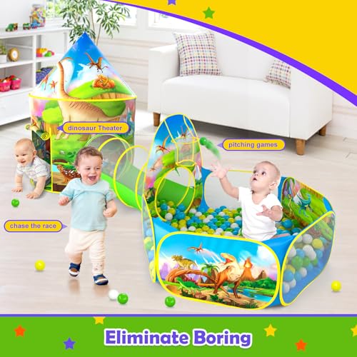 Image of PigPigPen 3pc Dinosaur Play Tent for Kids, Baby Ball Pit, Crawl Tunnel, Castle Tents for Toddlers, Children Indoor & Outdoor Playhouse Toys, Perfect Kid's Gifts