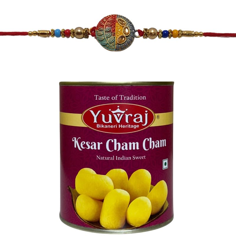 yuvraj multi colors motis desingner rakhi set for bhaiya & sweets kesar cham cham 1 kg with roli chawal pack