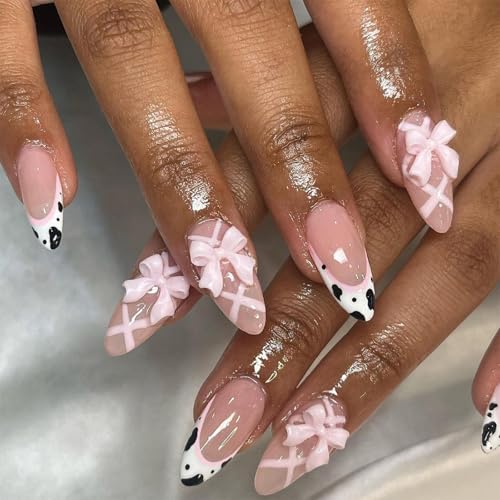 French Tip Press on Nails Pink Medium Almond Fake Nails with 3D Bow Design Cow Print Glue on Nails Ribbon Fall Nail Glossy Reusable Summer Nail for Women Girls Manicure 24pcs
