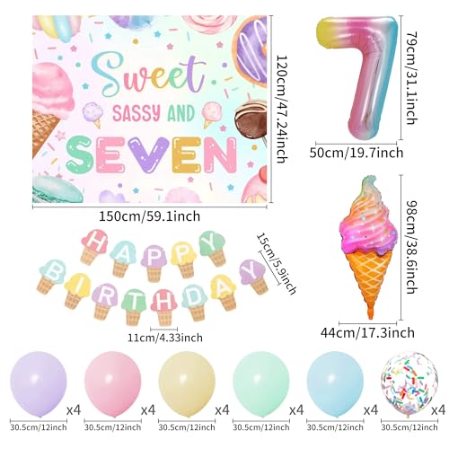 Image of Sweet Sassy and Seven Birthday Backdrop 7th Birthday Decorations for Girls | Sweet Sassy and 7 Birthday Decorations 7 Year Old Girl Birthday Decorations Ice Cream Banner 7 Balloons Party Supplies