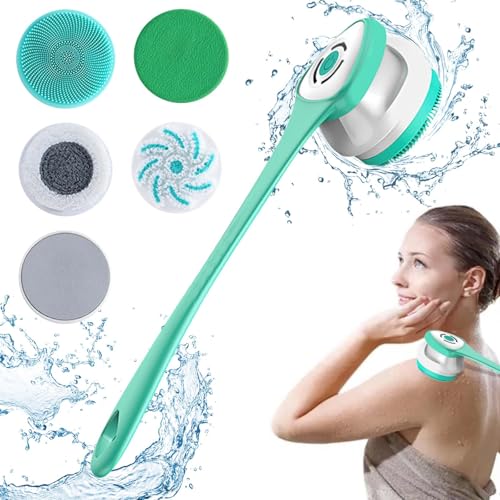 Elektrische Körperbürste Badebürste Rückenbürste Mit 5 AufsäTzen: Rückenbürste mit Langem Stiel IP67 Wasserdicht 3 Geschwindigkeit Spin Reinigung Bürste für Spa Dusche Peeling Massagebürste (Grün)