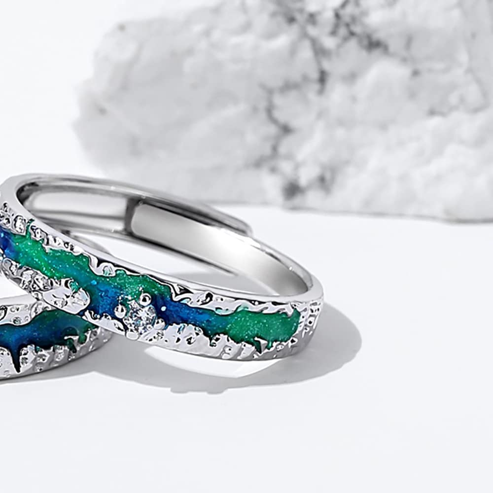 Nothern Light Aurora Polaris Coppia di anelli per lui e lei in argento Sterling 925 cielo stellato abbinato, anelli di fidanzamento con promessa, anelli di fidanzamento aperti e regolabili