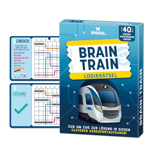 Moses. Brain Train, Logikrätsel mit Suchtfaktor für unterwegs, 40 Wiederverwendbare Karten mit Wegwischstift, Denksportaufgaben in 3 Schwierigkeitsstufen für Jugendliche und Erwachsene
