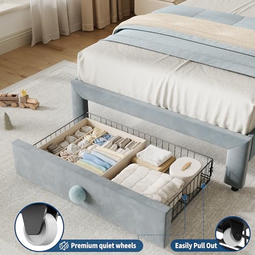 GarveeHome Upholstered Twin Bed Frame with Storage Drawer & Scallop Headboard, Cute Twin Size Platform Bed Frames for Boys, Girls, Wooden Slats Support, No Box Spring Needed, Blue/White