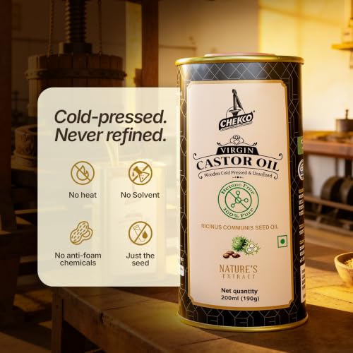 Image of Chekko Cold Pressed Castor Oil Edible (Arandi) 200ml | 100% Pure & Natural Wood Pressed Virgin Castor Oil for Hair & Skin Care, Body Massage | Moisturization & Wellness For Men & Women