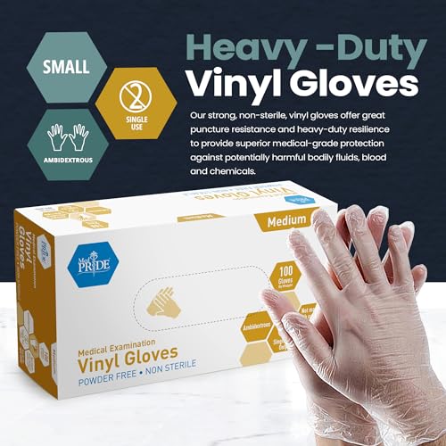 Image of MED PRIDE Disposable Medical Grade Vinyl Exam Gloves, Latex & Powder Free, Ultra-Strong, for Healthcare & Food Handling (Medium (Pack of 100) 100 Clear)