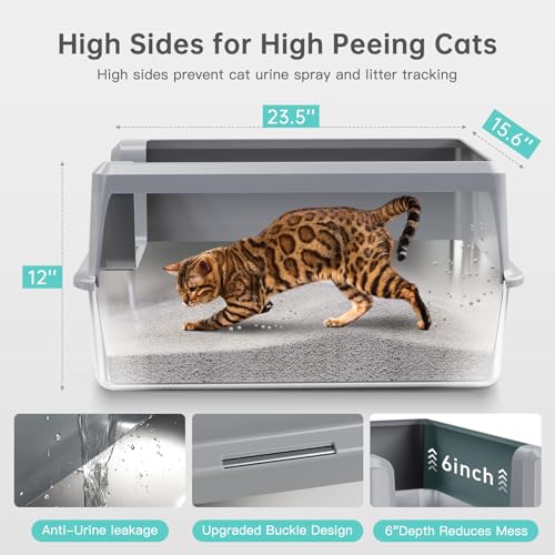 Image of WoofiGo Enclosed Stainless Steel Cat Litter Box with Lid, XL Extra Large Litter Box for Big Cats, Metal Litter Pan High Sided, Never Absorbs Odors, Anti-Urine Leakage, Include Scoop (SH-Light Gray)