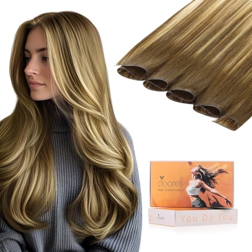 Image of DOORES Genius Sew in Weft Hair Extensions Human Hair Hand Tied, 14 Inch Medium Brown Highlighted Dirty Blonde 40g, Extensions Real Full Head