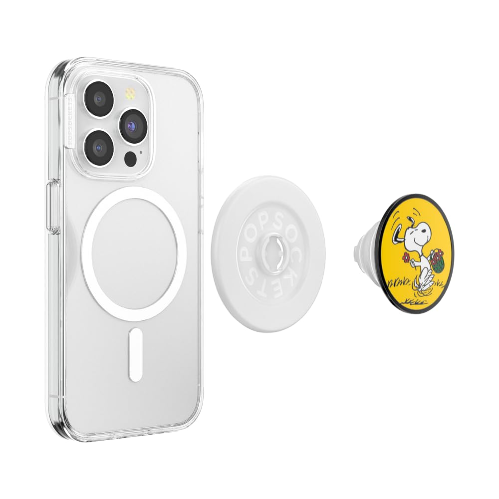 PopSockets Uchwyt do telefonu MagSafe z podpórką, stojak magnetyczny, wymienna góra, bezpieczne trzymanie etui MagSafe, uchwyt na telefon i tablet, orzeszki ziemne - emaliowany Snoopy Skip