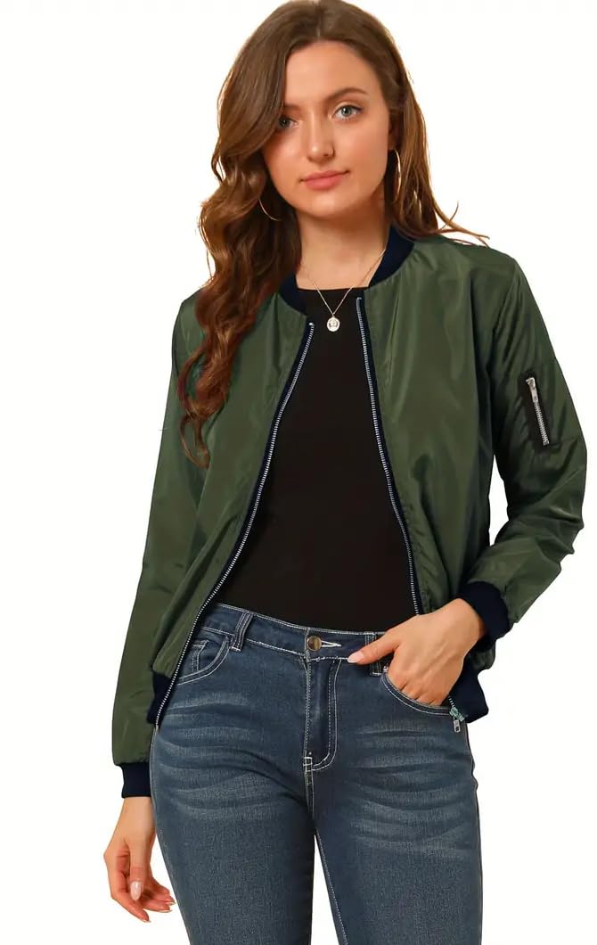 TAGAS Women’s Solid Bomber Jacket – Lightweight Zip-Up Stylish Casual Wear – Full Sleeve Windcheater for Girls & Women