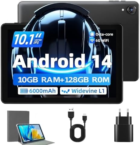 2025 New Tablet 10 inch Android 14 Tablets, 10(4+6) GB RAM+128GB ROM+1TB Expand, Octa-Core 2.0GHz, 1280 * 800 IPS Incell Display, 6000mAh, 5MP+8MP Camera, 5G+2.4G Wi-Fi/Bluetooth 5.4, Widevine L1