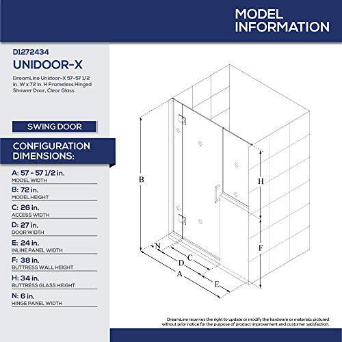 Dreamline Unidoor-X 57-57 1/2 In. W X 72 In. H Frameless Hinged Shower Door In Satin Black, D1272434-09 #TOP1