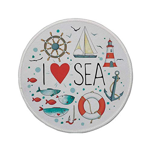 Preisvergleich Produktbild Rutschfreies Gummi-Rundmauspad nautisch ich liebe Seezitat mit Herzfigur Seematerial Ankerkompass-Knotenseil weiß rot blau 7.9"x7.9"x3MM