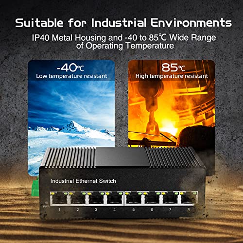 Image of 8 Port Gigabit Industrial Ethernet Switch, 8 Ports 10 /100 /1000Mbps, Fanless Wall Mount and Din Rail, Metal IP40 -40~75C, with One Power Supply