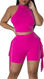 Pantalones cortos sexy para mujer, cuello redondo, sin mangas, con flecos, color sólido, pantalones cortos casuales, conjunto de dos piezas, mono de verano corto