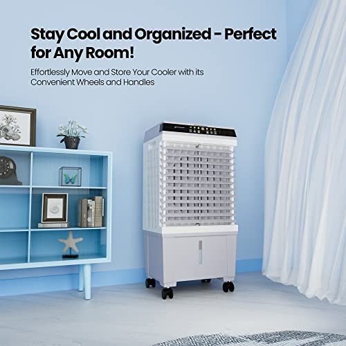 Mountman Evaporative Air Cooler For Room, 31" Portable Swamp Cooler With Remote Control, 5.3 Gal Tank, Wide Oscillation, 12H Timer, 3 Mode, 3 Wind Speeds For Indoor Use, Grey #TOP1