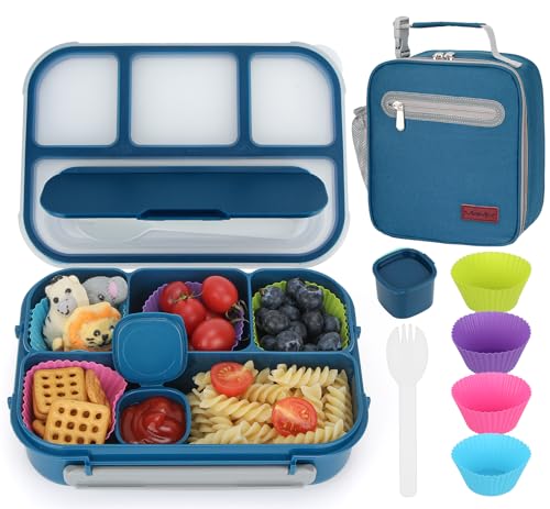 MaMix Bento Lunch Box for Kids, Lunchable Containers for Kids Adults with 4 Compartments + Lunch Bag, with Utensils, Sauce Jar, Muffin Liners (blue set)