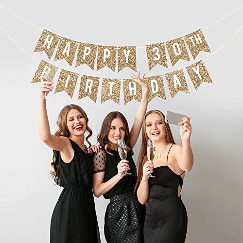 Image of Pre-Strung Happy 30th Birthday Banner - Gold Glitter Birthday Banner | No DIY - Gold Glitter 30th Party Decorations - Pre-Strung on 6 ft Strands - Bday Party Decorations & Decor