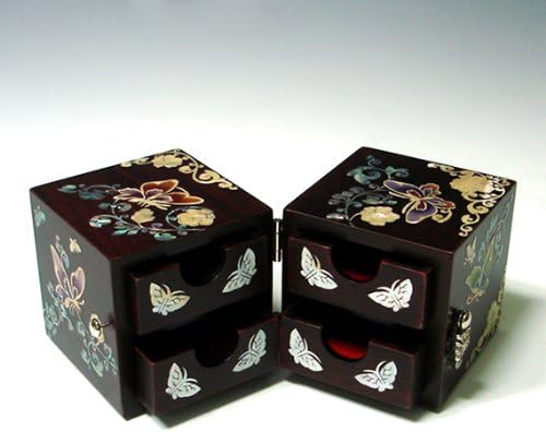 Mother of Pearl Twin Cubic Butterfly Travel Asian Lacquer Brown Wooden Jewellery Trinket Keepsake Treasure Gift Drawer Jewel Box Case Holder Organizer with Arabesque Flower Design
