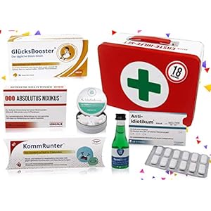 18. Geburtstag | Erste Hilfe Set Geschenk-Box, witziger Sanikasten | 8-teilig | Spaßgeschenk zum 18. Geburtstag