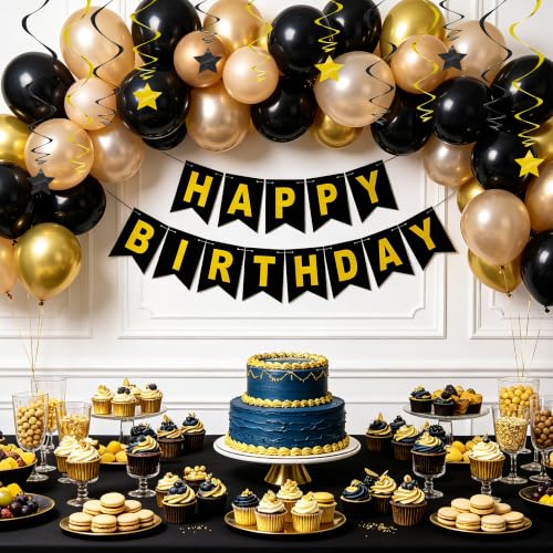 Image of BEISHIDA Black Gold Happy Birthday Banner with Stars for Kids Women Men Birthday Decor