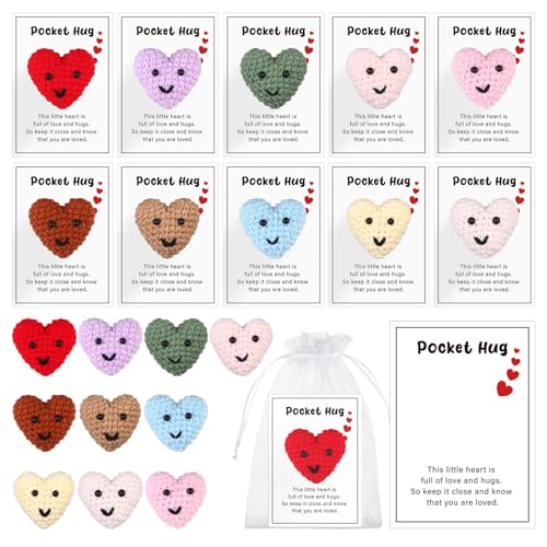 10 Sets Crochet Pocket Hug Heart with Card Bulk Inspirational Emotional Support Gift for Back to School Party Supply Teacher Coworker Employee Volunteer Appreciation Valentine's Day Easter Gifts