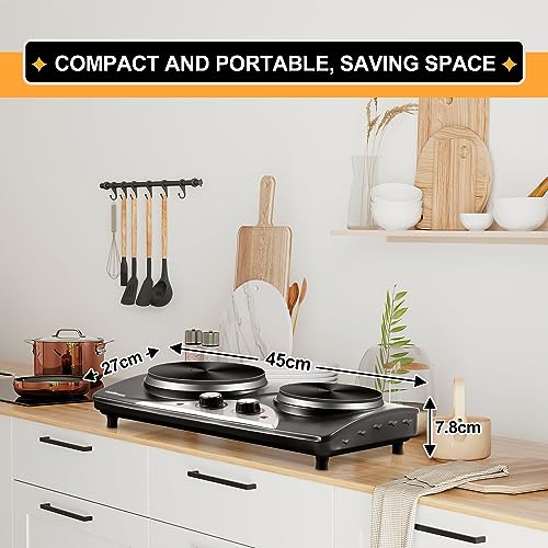 CUSIMAX Electric Hobs, 2500W Electric Hot Plates for Cooking Portable Hob, Cooktop Table Top Hob with 2 Cast Iron Double Hot Plate with Dual Temperature Control, Black Stainless Steel - Image 5