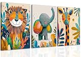 3Pcs Safari Animal Nursery Canvas Wall Art Cute...