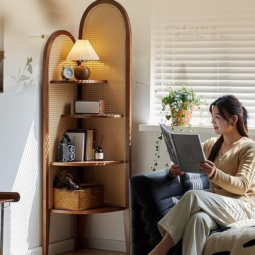 4-Tier Rattan Corner Shelf, Triangular Bookshelf for Living Room & Office, Tall Accent Cabinet, Stylish Display Unit for Bedroom & Home Decor