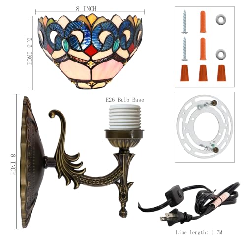 Image of Stained Glass Wall Sconce Plug in Wall Bedside Light Stained Glass Wall Lamp 8X10.5X11 Inch for Hallway Stairway Bedroom (Pink Baroque Style)