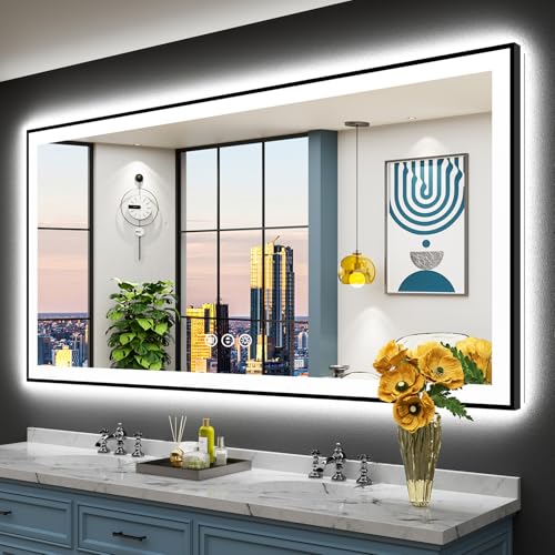 Image of 72x36 Black Framed LED Bathroom Mirror with Lights, Backlit and Front Lit Anti-Fog Lighted Vanity Mirrors for Bathroom Wall, Dimmable, 3-Color Light, Memory, Shatter-Proof, HD Tempered Glass