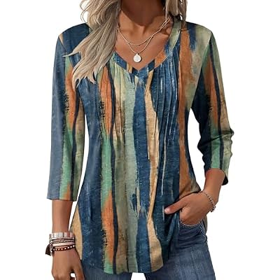 Zeagoo 3/4 Length Sleeve Womens Tops Casual V Neck Pleated Top Boho Floral Blouses Work Shirts