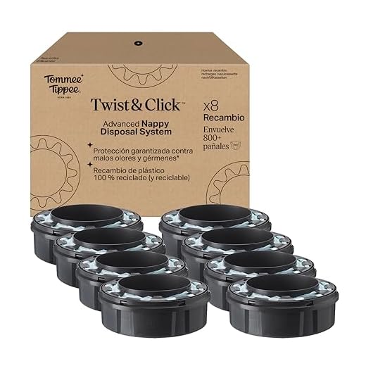 Tommee Tippee Recambio original para contenedor avanzado de pañales Twist and Click, paquete exclusivo de 8, fácil de cambiar y muy económico