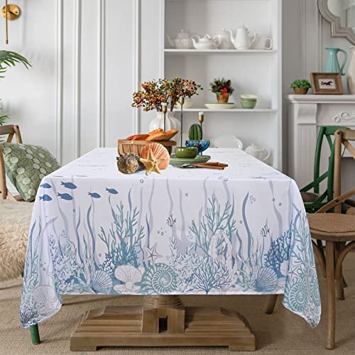 Vertkrea Nautical Coastal Table Cloth, Coral Seashell Decorative Tablecloth, Ocean Themed Starfish Waterproof Table Cover For Dining Table Parties And Camping, 55''X55'', Blue #TOP3