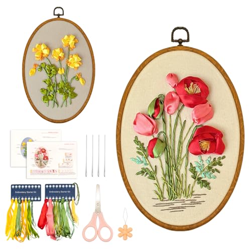 Image of XM-GENYUE 2 Sets Starter Embroidery Kit for Beginners Adults, Hand 3D Ribbons Embroidery Kit for Beginners Flowers Includes Bamboo Hoop, Cloth