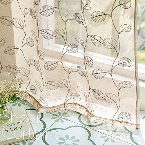 Lazzzy Taupe Sheer Curtains Leaf Embroidered 63 Inch Length For Living Room Bedroom Rod Pocket Voile Window Drapes 2 Panels #TOP3