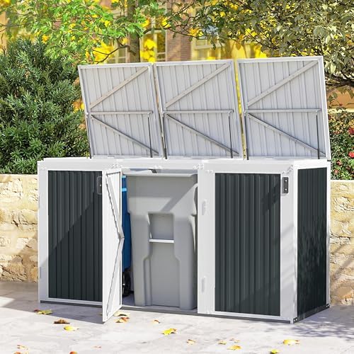 Outsunny 7.3 x 2.8ft Garbage Bin Shed for 3 Trash Cans, Outdoor Trash Can Storage Shed, Horizontal Outdoor Storage Shed with with Gas Struts and Magnetic Doors, White and Grey — view 8