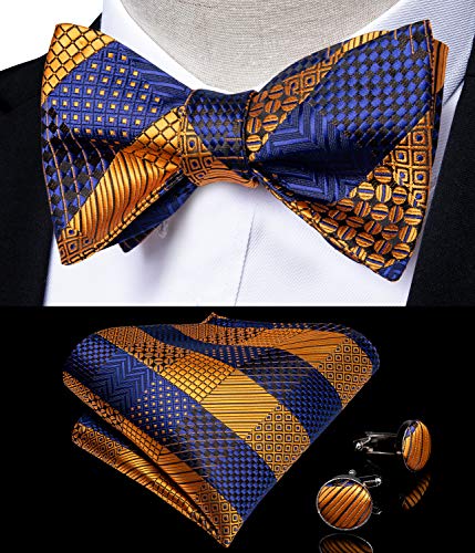 Image of DiBanGu Men Bow Tie Paisley Striped Self-Bow Tie for Men and Silk Woven Bowtie Pocket Square Cufflinks Wedding Party