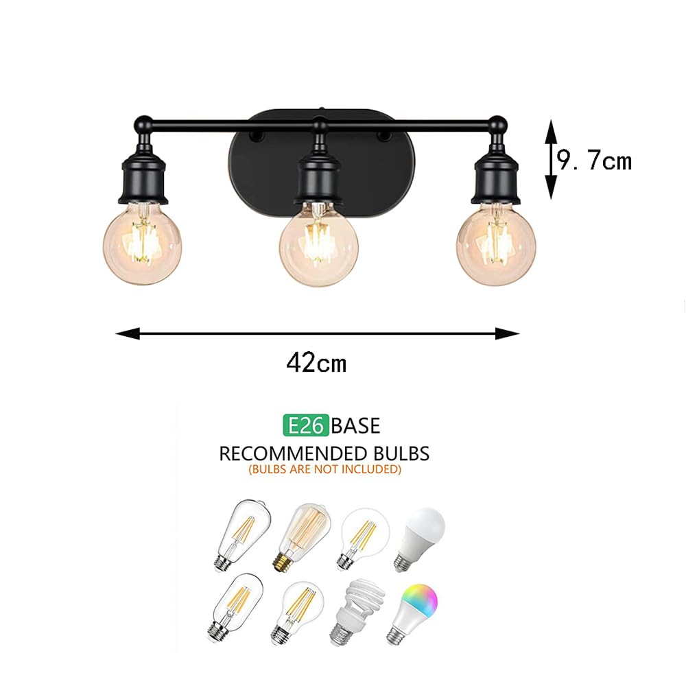 Mengjay Lampada a Specchio Vintage per Bagno, Stile Industriale E27 Luce 3 Fuochi, Applique da Parete in Metallo Retrò 42CM (Nero/Oro)
