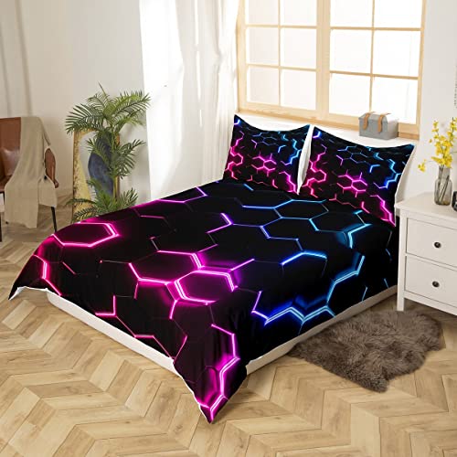 Loussiesd Red Pink Blue and Black Print Duvet Cover Hexagonal Bedding Set Kids Boys Teens Honeycomb Decor Comforter Cover Beehive Geometric Bedspread Cover Bedroom Collection 3Pcs King Size - Image 3