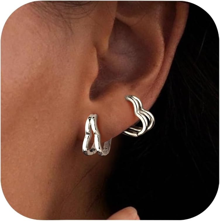 ALEXCRAFT Heart Earrings for Women, Hypoallergenic Silver Double Huggie Hoop Elegant Daily Small Cute Cartilage Heart Shape Earrings Valentine's Day Mother's Day Christmas Jewelry Gifts for Women