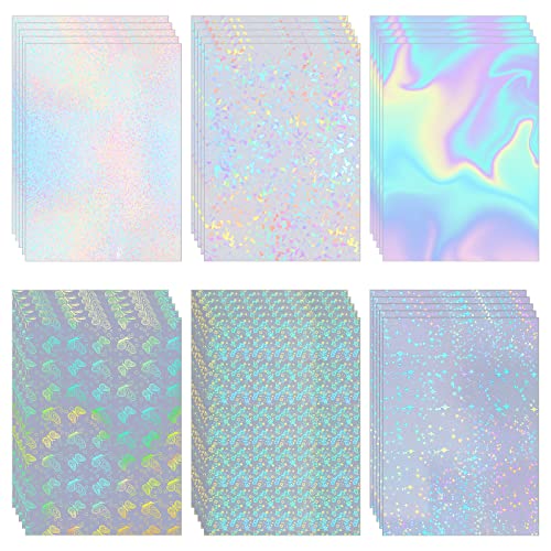 30 Pcs 6 Styles Holographic Laminate Sheets Transparent Holographic Overlay Paper Vinyl Overlay Clear Adhesive Laminated Film Glossy Craft Sheet for Stickers, A4 Size, 8.3 x 11.7 Inches