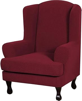 Wingback Chair Slipcovers, Stretch Wingback Chair Covers 2 Piece Arm Chair Sofa Slipcover Furniture Protector Thick Jacquard Wingback Armchair Covers for Living Room Bedroom Burgundy