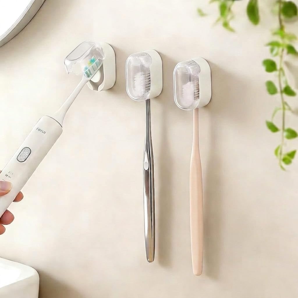 3 Pack Toothbrush Holder, Auto-Flip Cover & Dustproof (White)