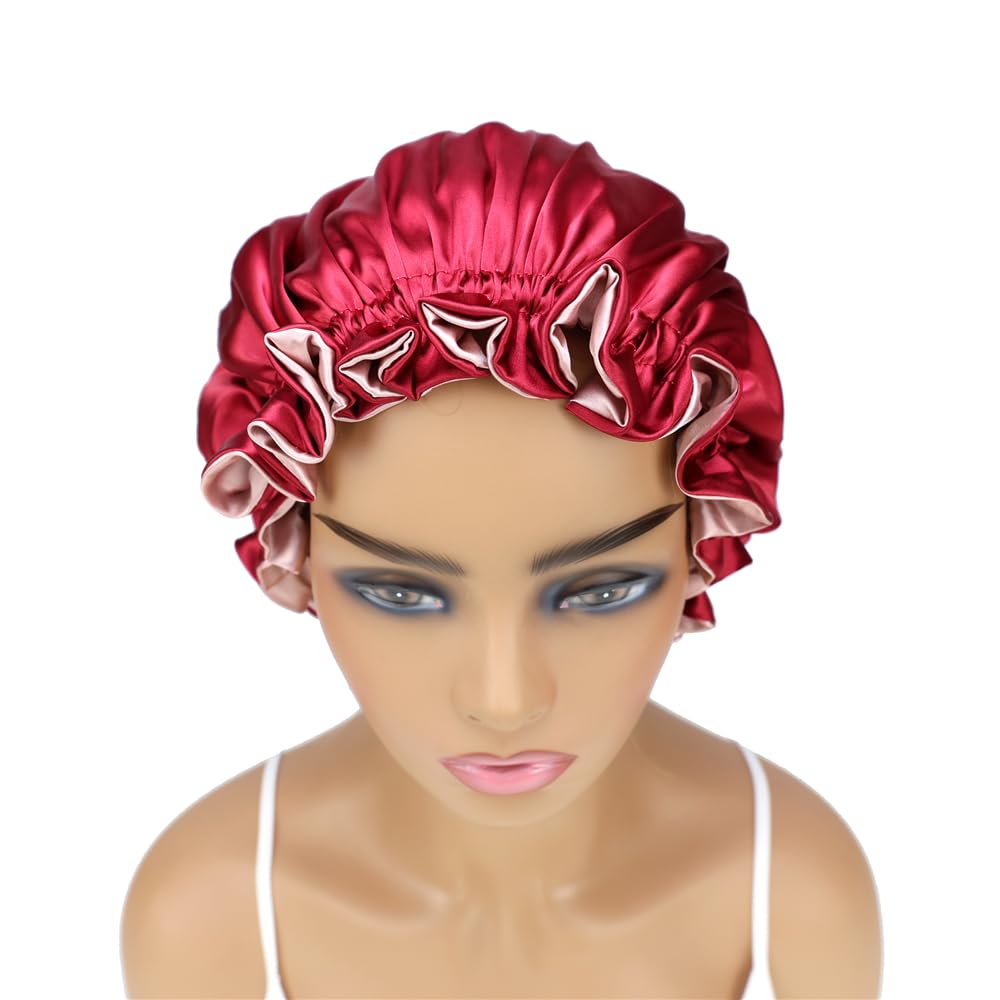 Adjustable Silk Satin Bonnet Hair Care Caps for Women Girls Loose-fitting Reversible Sleeping Cap Shower Caps Hair Wrap Bonnets (001 Wine/Blush) - Image 4